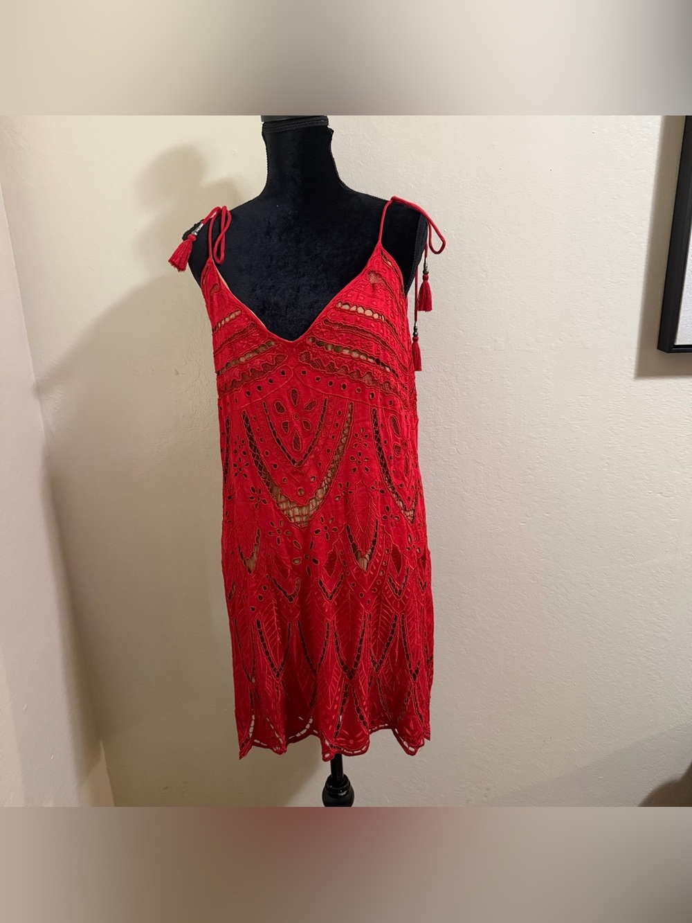 Free People PYT Mini Dress Red Lace Boho Crochet Scalloped Cutout Strappy V-Neck - Picture 3 of 15